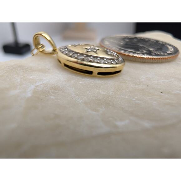 14K Yellow Gold Oval Pendant Moon Stars Diamond Accent Necklace 18" - Picture 5 of 11